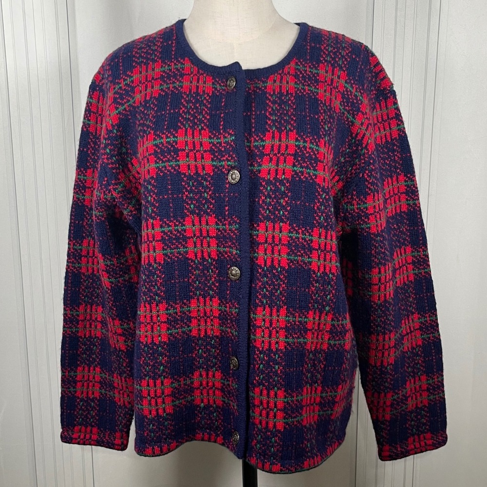 Vintage 90's Susan Bristol Wool Cardigan Sweater Plaid Knit Navy Red Green- L - Picture 1 of 16